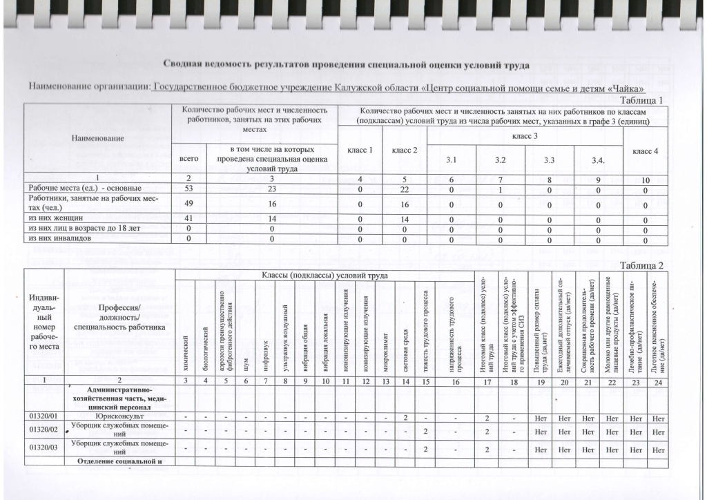 Сводная ведомость результатов проведения специальной оценки условий труда